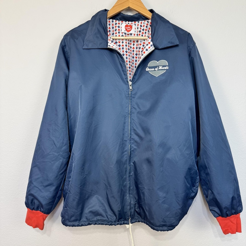 Tuesday Bassen Jacket Womens‎ Large Navy Queen of Hearts Zip Windbreaker Graphic